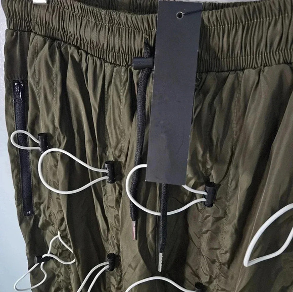 URKOOL Olive Green Techwear Parachute Cargo Pants with Drawstring Details - Picture 6 of 13